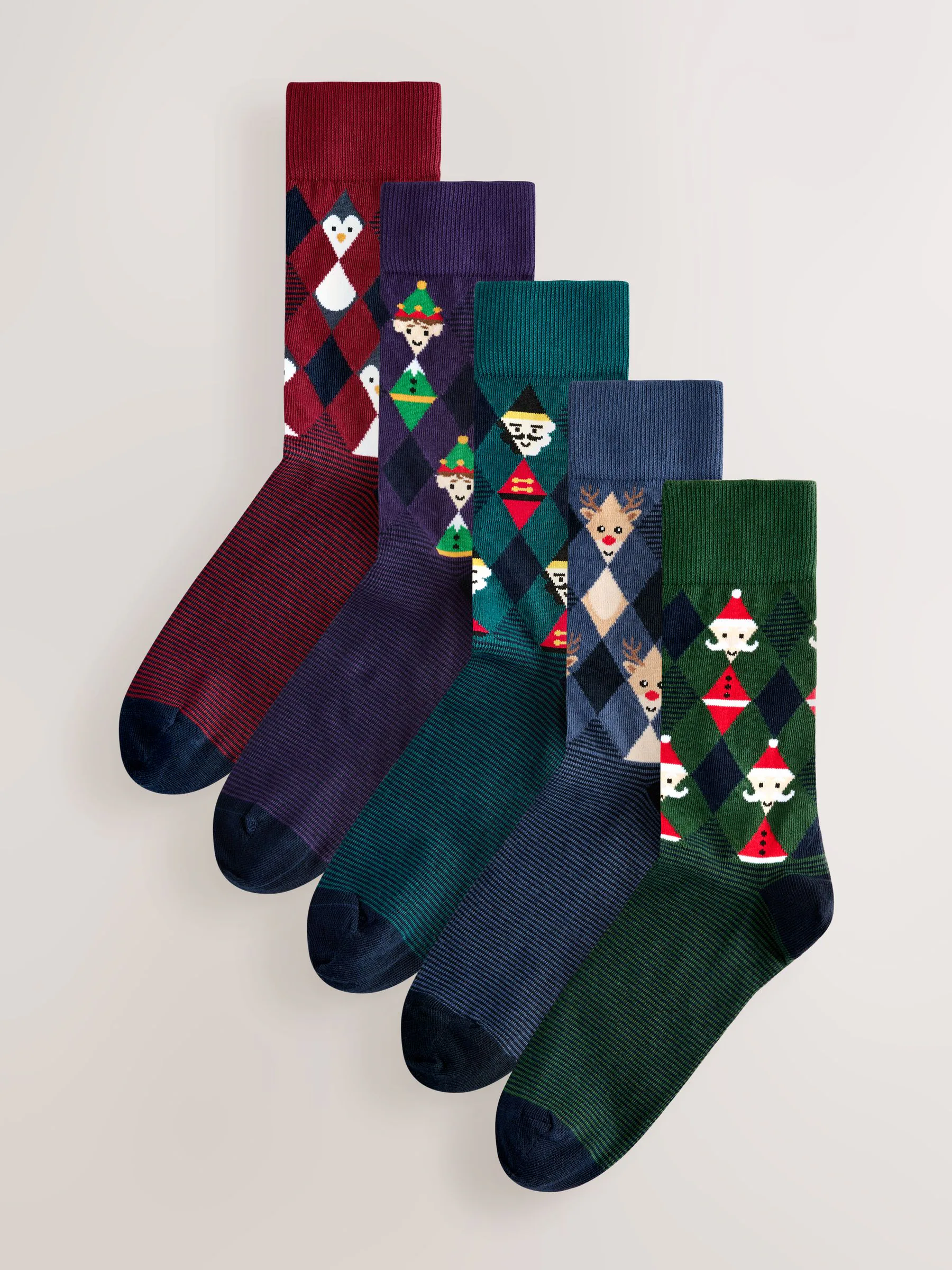 Rood/blauw/groen argylepatroon - 5 pack sokken met kerstpatroon