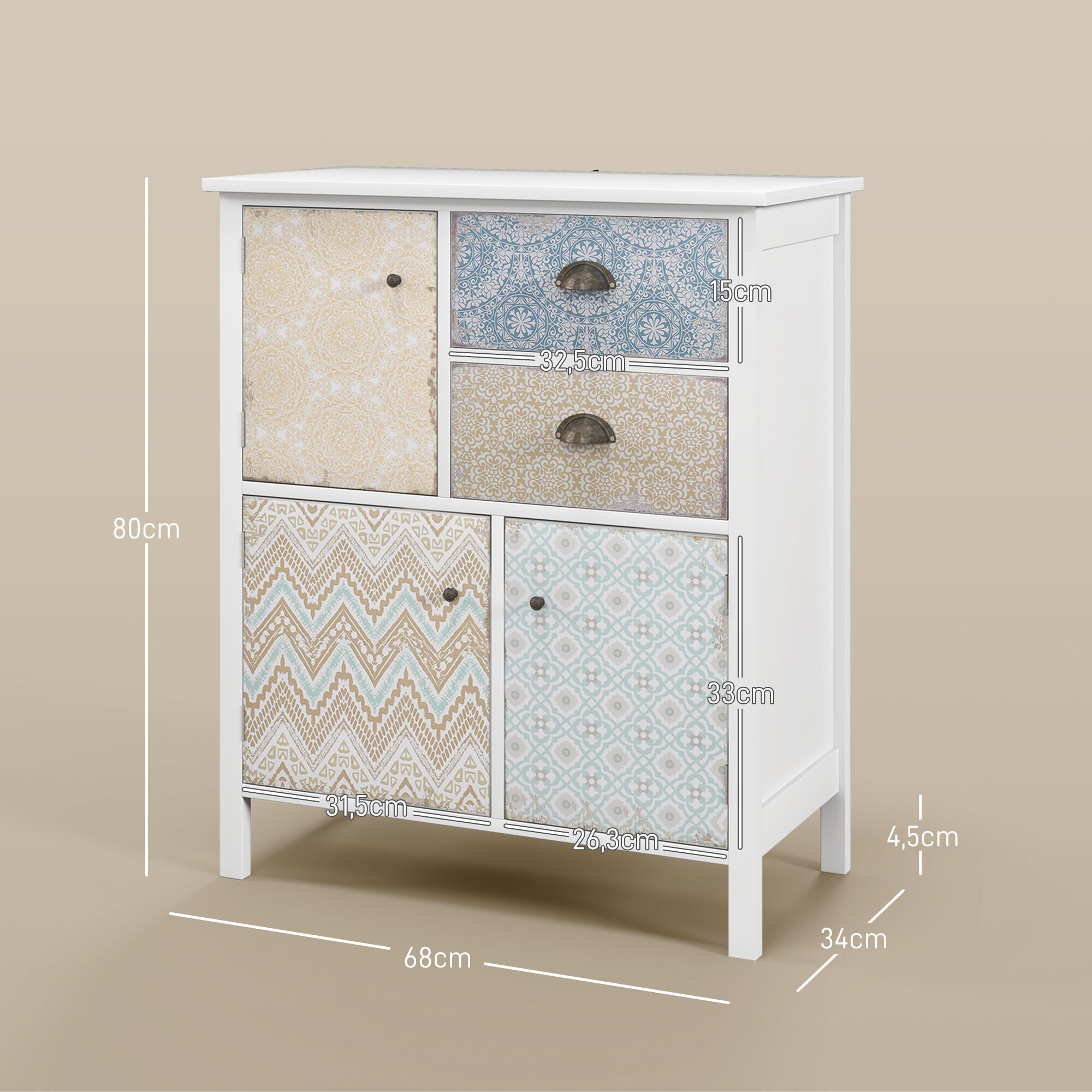 HOMCOM Kommode mit 2 Schubladen weiß 34T x 68B x 80H cm