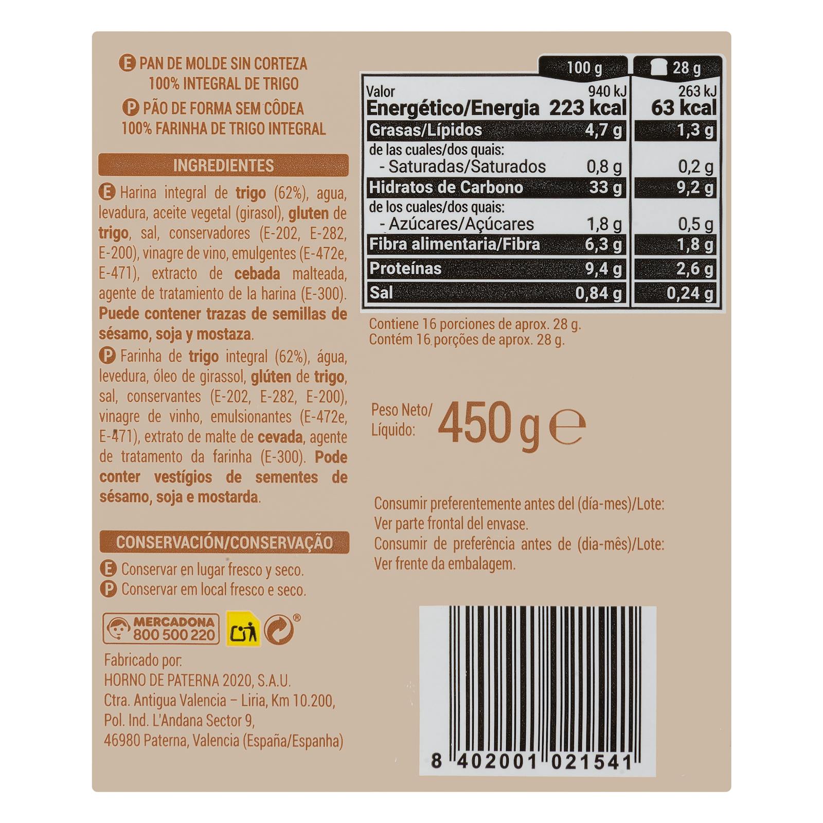 Pain de mie sans croûte 100 % blé entier Hacendado