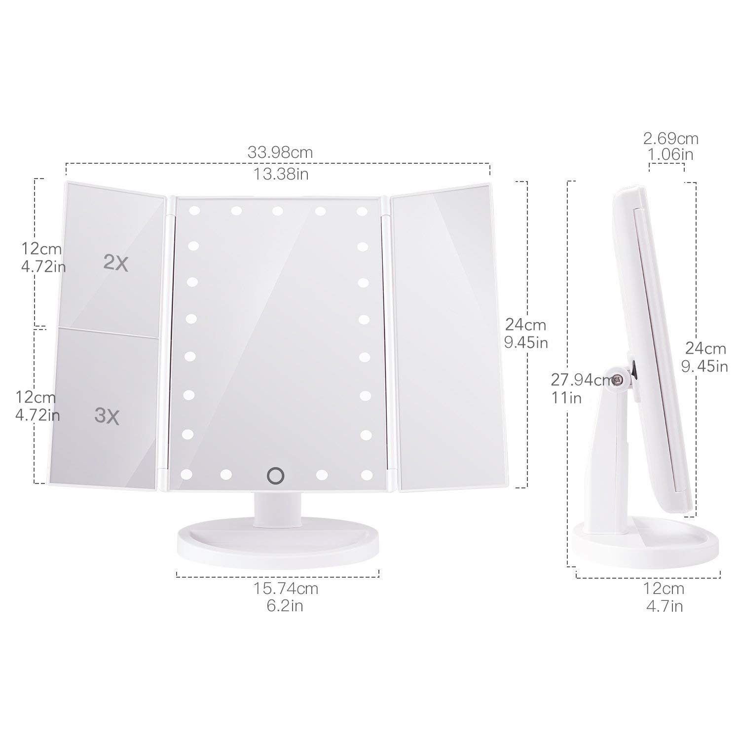 Dimmbarer USB Makeup Klapp LED Schminkspiegel mit Touch-Sensor (180 Grad Neigbar) - Weiss