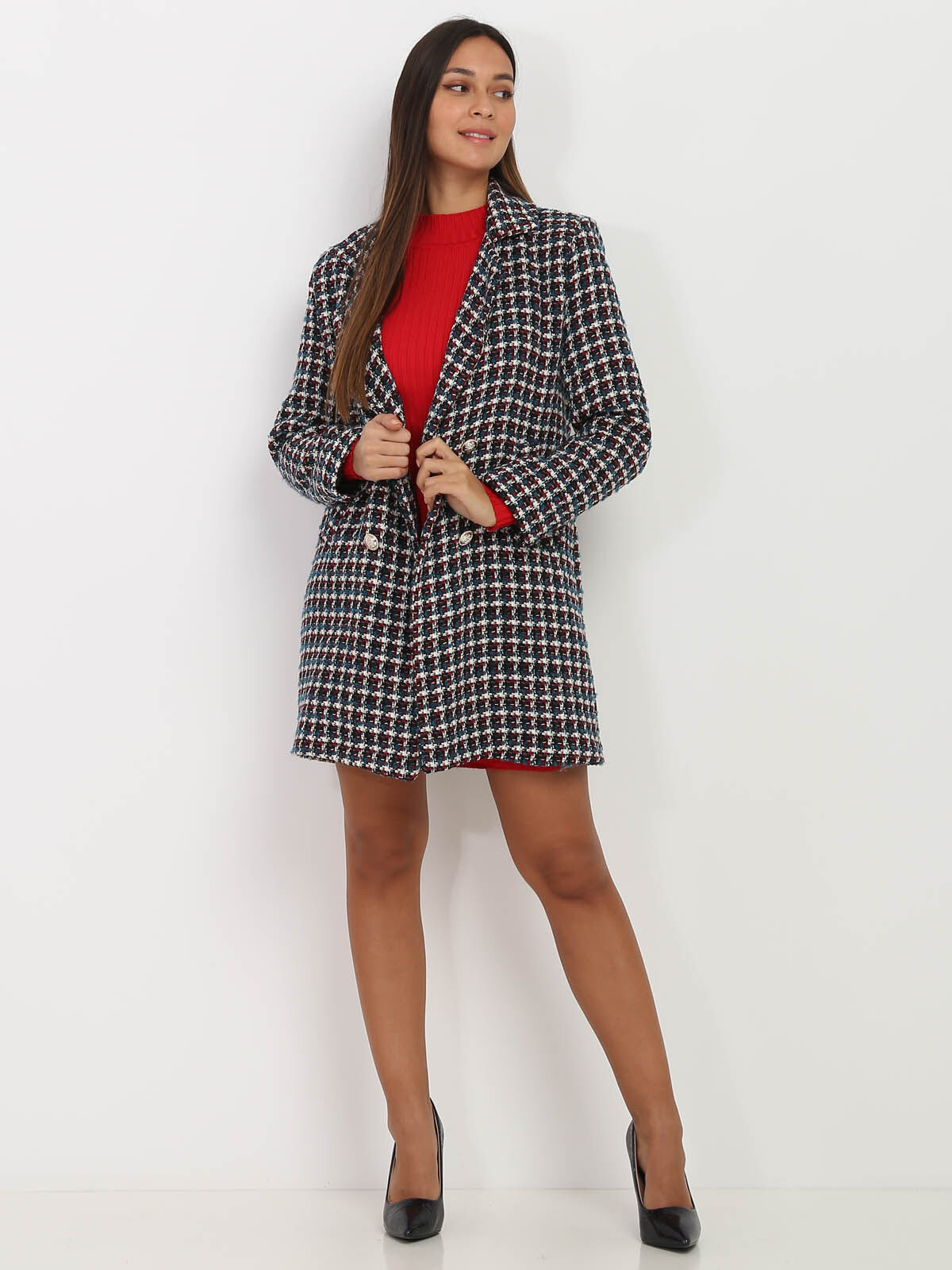 Manteau en tweed à boutons officier- Multicolore