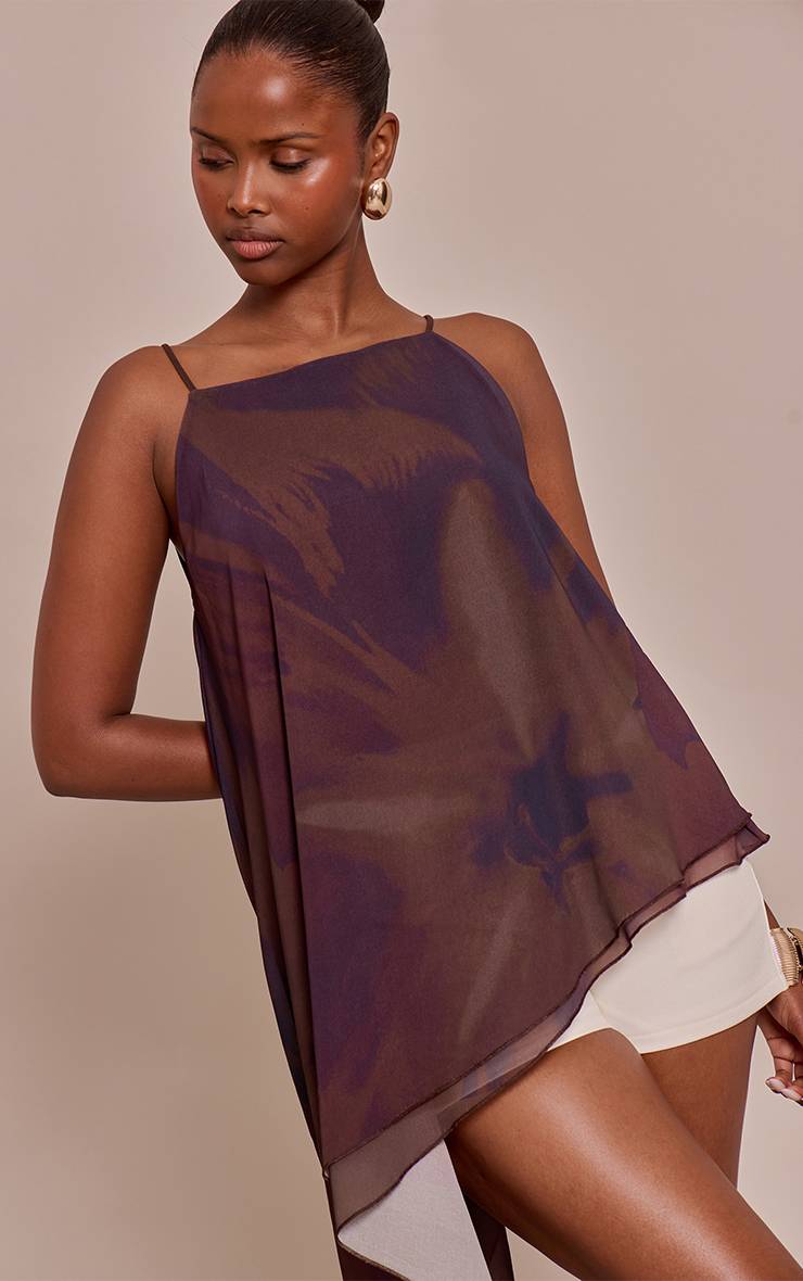 Mauve Top Long Asymétrique À Bretelles En Mousseline Imprimée