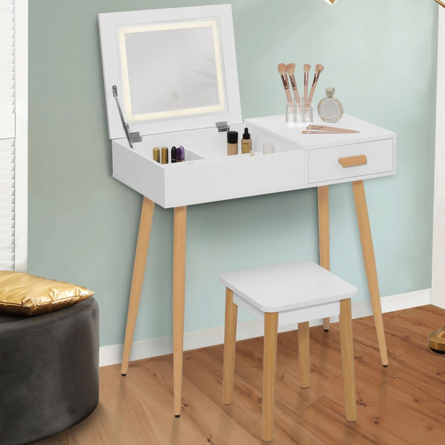 Coiffeuse scandinave LISA blanche miroir rabattable LED et tabouret