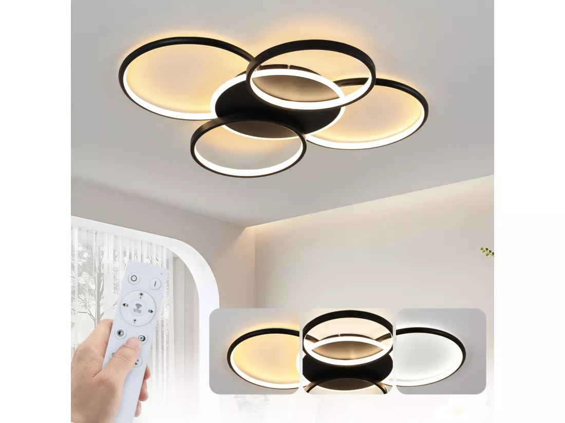 NETTLIFE Plafonnier LED salon dimmable 70W avec télécommande 5 anneaux blanc moderne acrylique