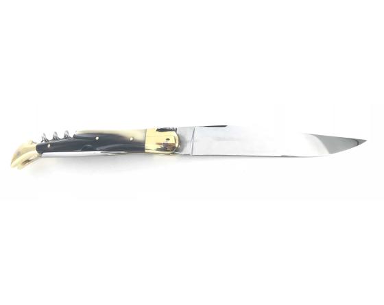 Laguiole Tradition 12 cm - 2 mitres Laiton - 3 pièces - Ponte de Corne - Acier Carbone Couteau de Poche Forge de Laguiole