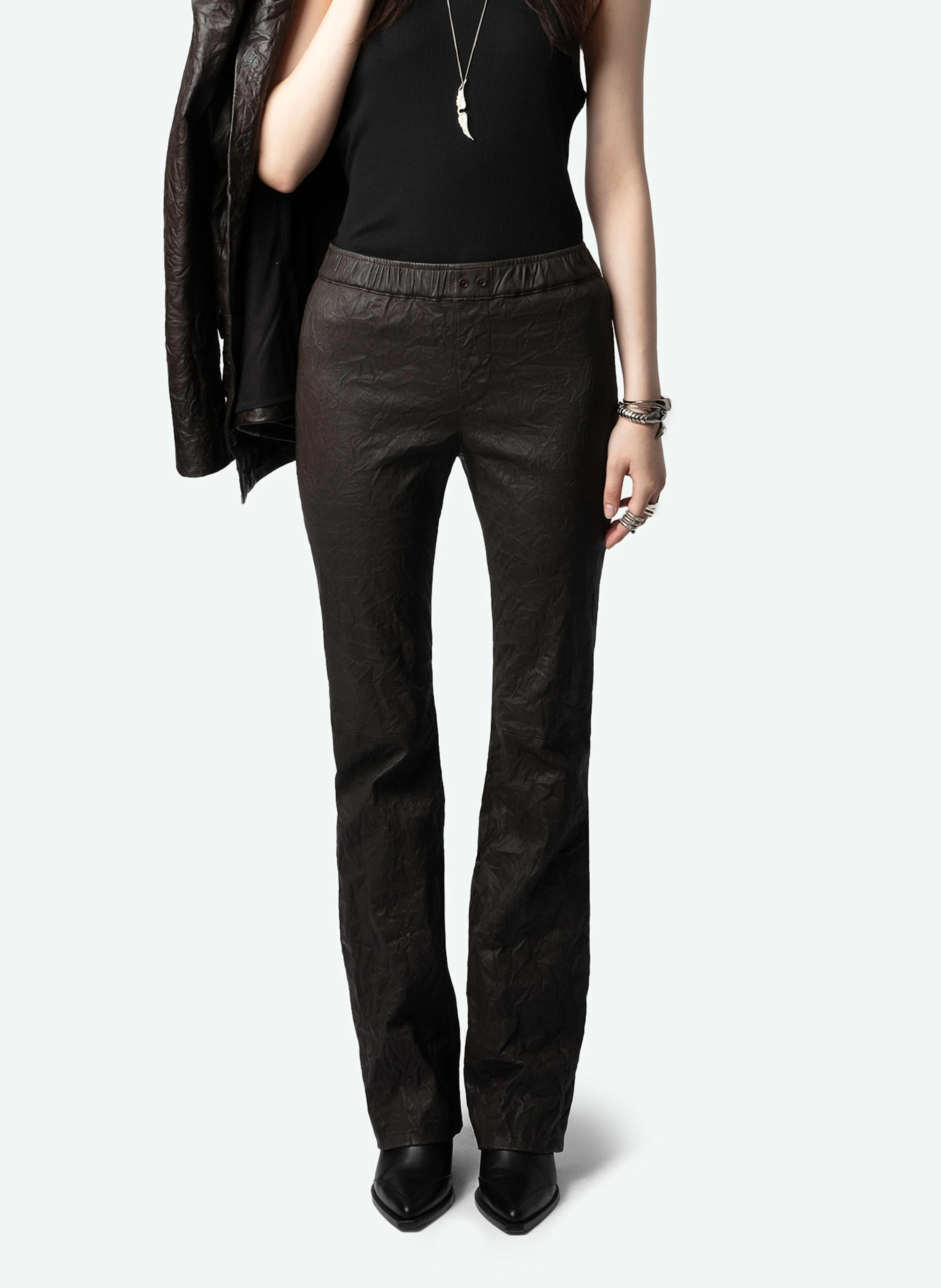 PAULINE - Pantalon large en cuir | Beige