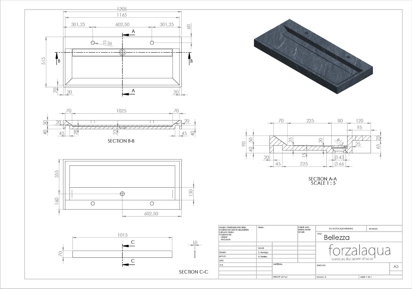 Forzalaqua Bellezza wastafel 120x50cm met 2 kraangaten travertin