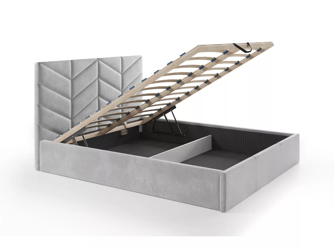 Lit coffre 140 x 190 cm - Tissu texturé - Gris + Matelas - JUSTANI