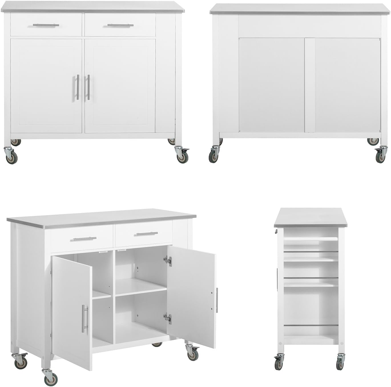 SoBuy Küchenwagen mit Edelstahlplatte Rollwagen mit Seitenregal, Sideboard, Kücheninsel, Küchenschrank & Servierwagen auf Rollen, Mobiler Trolley für Küchenorganisation Weiß, 107x94x46 cm FKW108-W