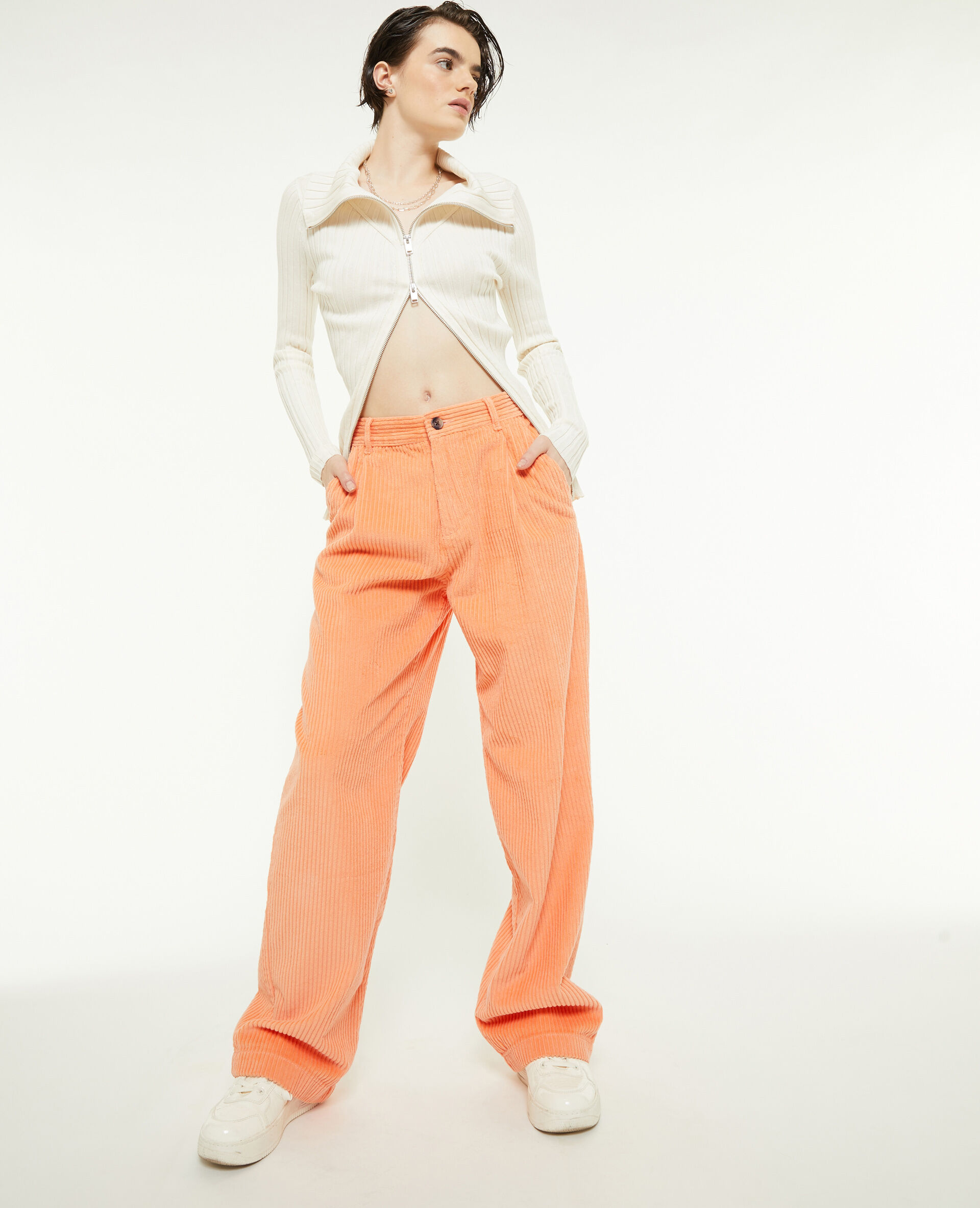 Pantalon velours droit avec pinces - Orange