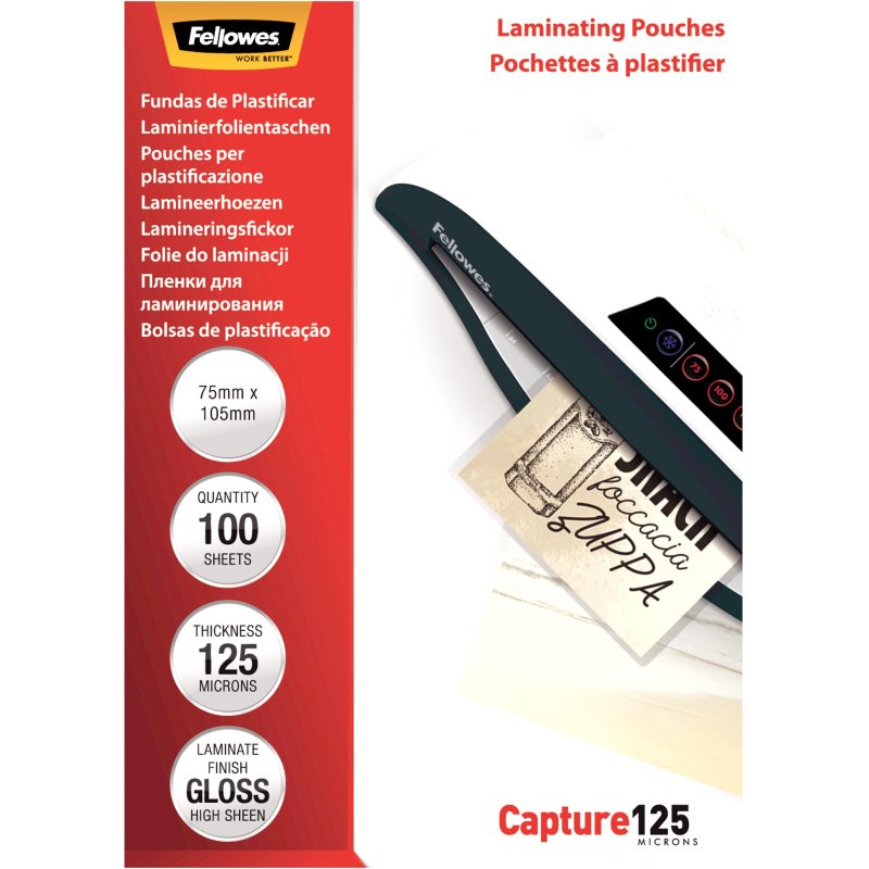 Pochettes de plastification Fellowes 75 x105 mm 125 µ brillantes - Boîte de 100