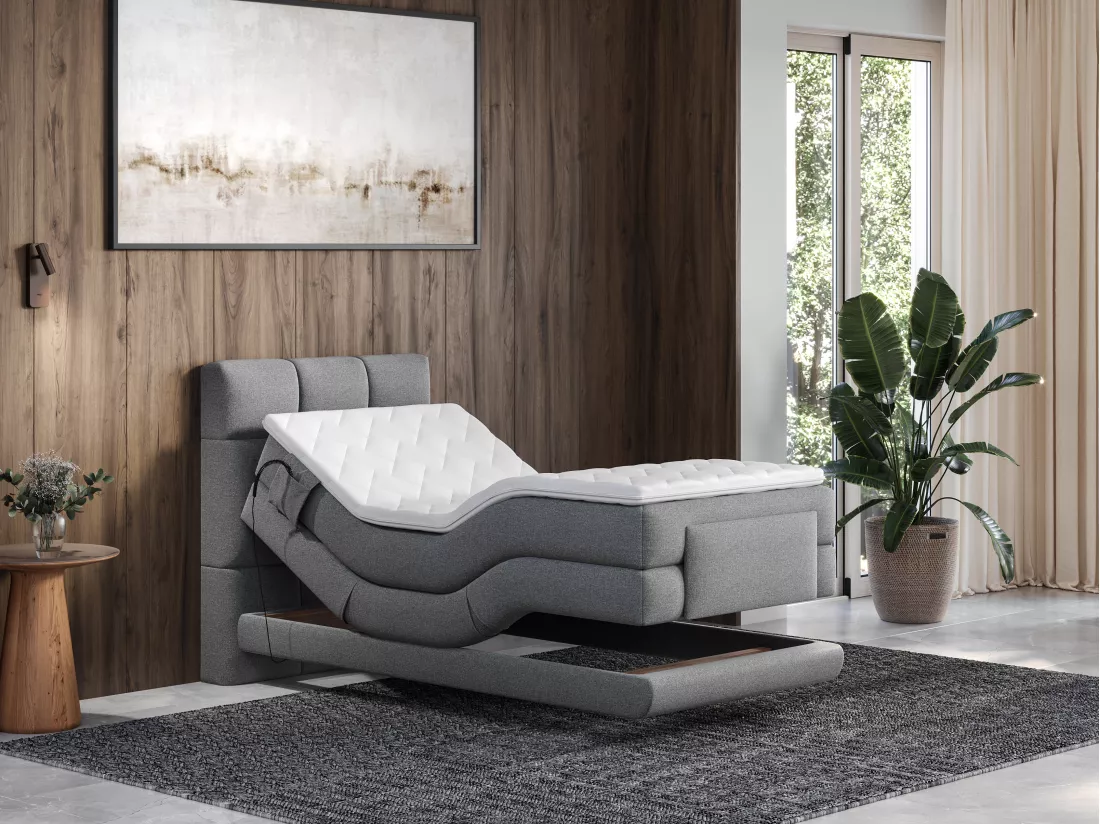 Ensemble complet boxspring tête de lit capitonnée + sommiers relaxation électrique + matelas + surmatelas - 100 x 200 cm - Tissu - Gris clair - LODI de PALACIO