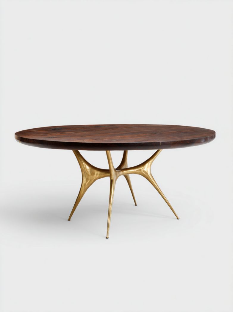 Table ronde avec plateau en bois foncé et piètement sculptural en métal doré