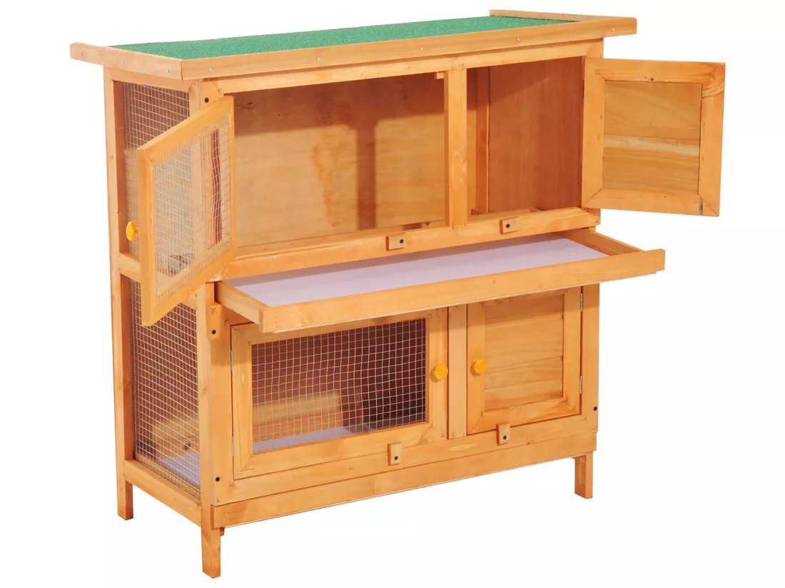 Clapier à lapin cage à lapin double niveau plateaux coulissants 4 portes verrouillables toit ouvrant 90L x 45l x 90H cm