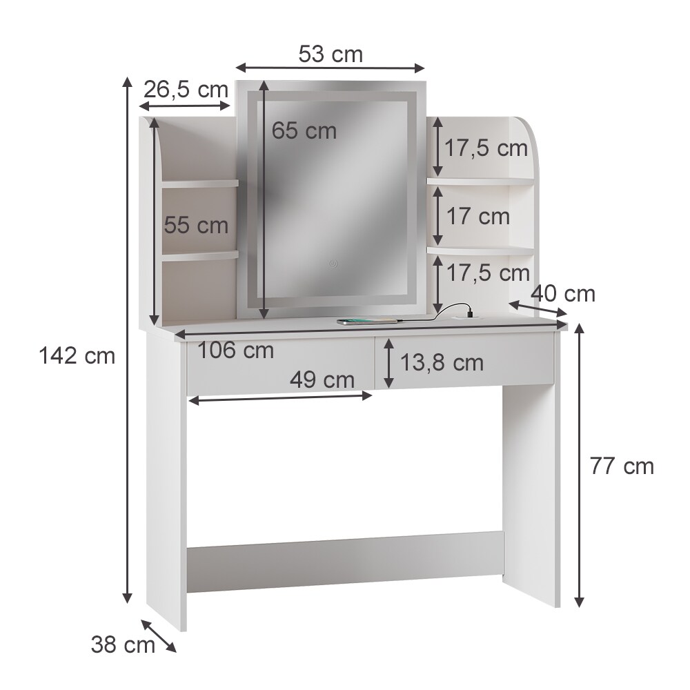 Vicco Schminktisch Charlotte Weiß 106 cm mit LED-Spiegel und QI-Ladestation