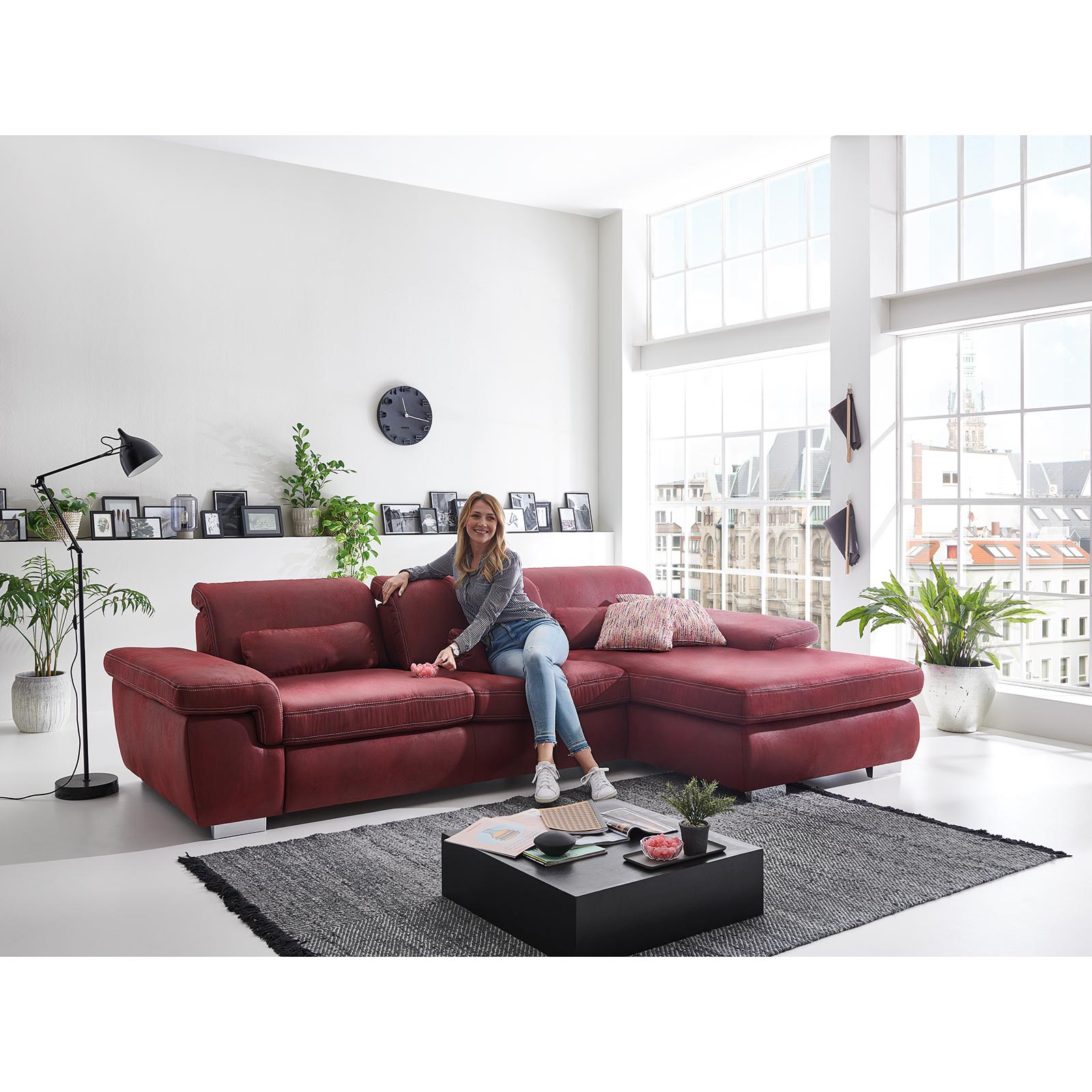 polsterpower Ecksofa - rot - Recamiere rechts - mit Sitztiefenverstellung