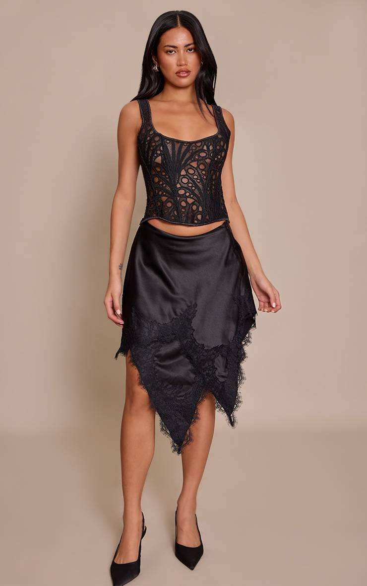 Noir Jupe Asymétrique À Ourlet Mouchoir En Satin Et Dentelle