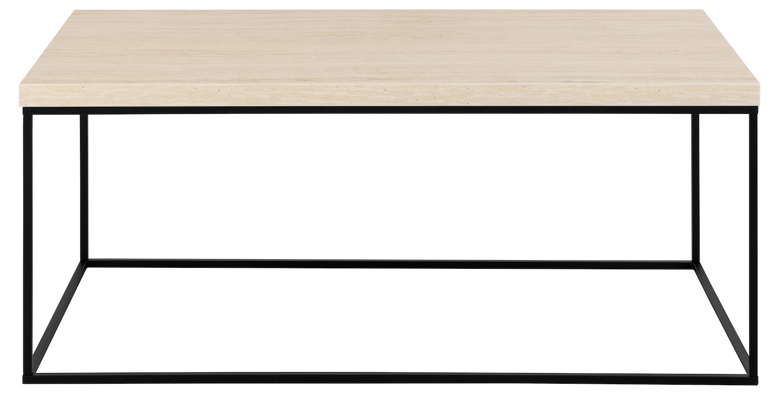 Barossa sofabord Travertine-topp med svart metallunderstell. 110x55x45cm