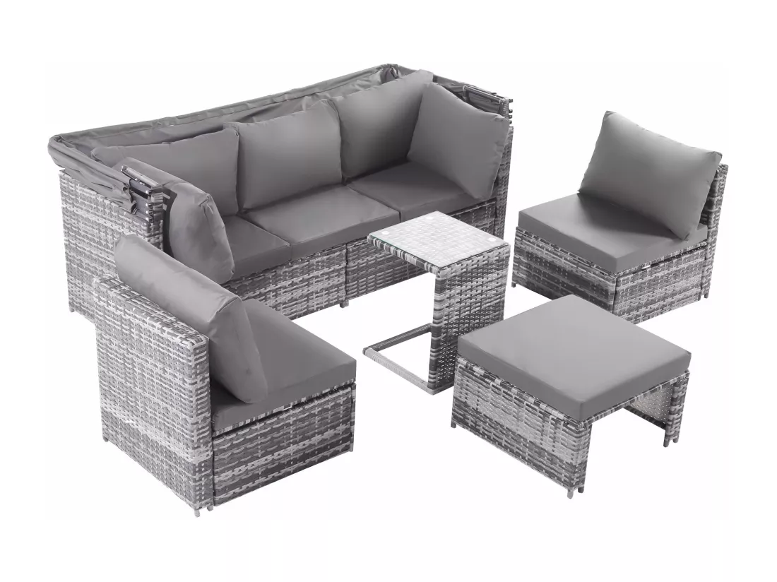 Salon de jardin en résine tressée: canapé 3 places avec toit pliable + 2 fauteuils + 1 pouf + table basse - 13 coussins assise & dossier fournis - Gris