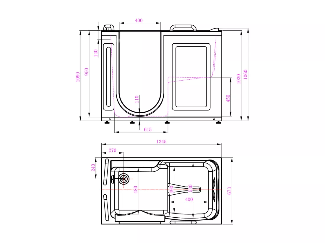 Baignoire balnéo avec porte - 1 place assise - 355L - 134,5 x 67,3 x 106 cm - BURAM