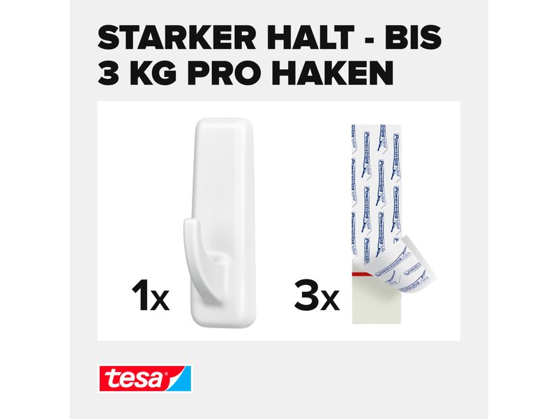 tesa Klebehaken Powerstrips Haken XL Rechteckig Weiss, 3 kg Selbstklebender Haken mit extra starkem Halt – wiederverwendbar – Montage ohne Bohren