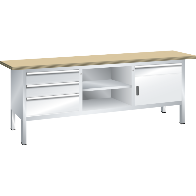 Lista - Établi compact plateau 200 x 70 cm - 1 porte battantes - 3 rayons - 4 tiroirs