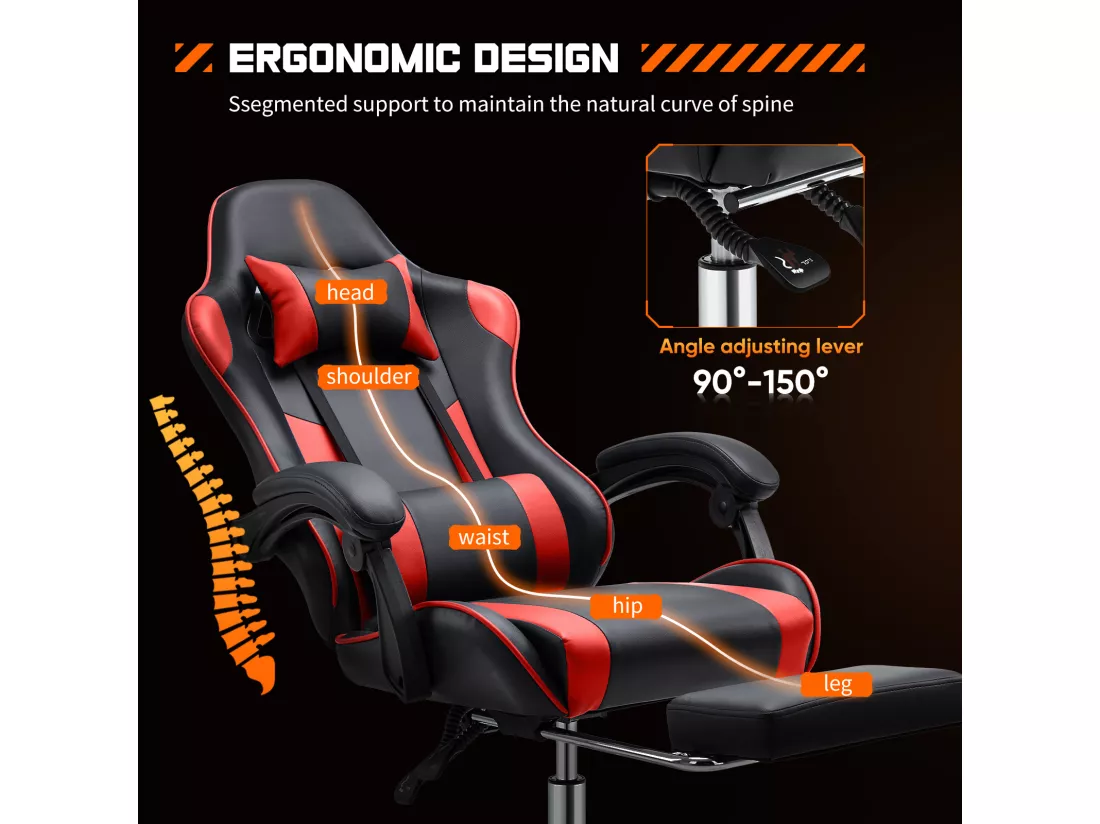 Chaise de jeu ,Chaise de bureau avec repose-pieds et soutien lombaire confortable,Ergonomique,Fauteuil inclinable avec appui-tête,Cuir PU,Rouge,Noir