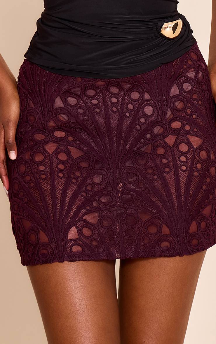 Dark Plum Mini-jupe En Dentelle Florale Texturée
