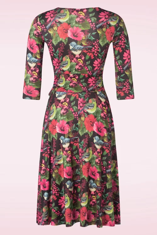 Vintage Chic for Topvintage Aria floral bird print swing jurk in zwart