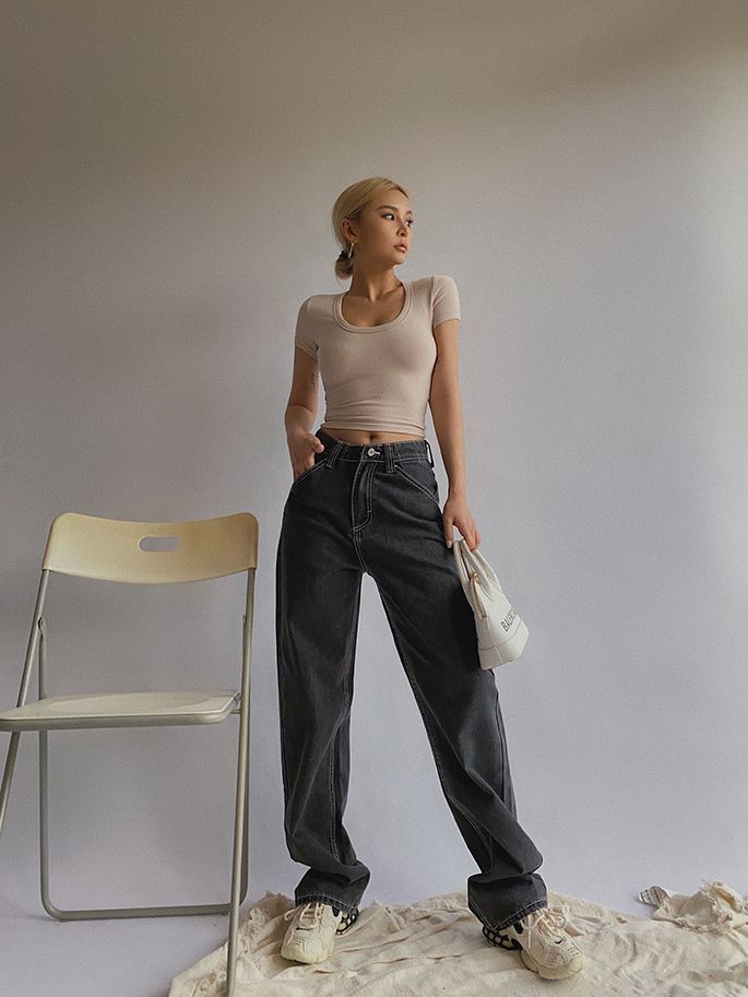 Colada - Gestikte hoge taille rechte losse jeans