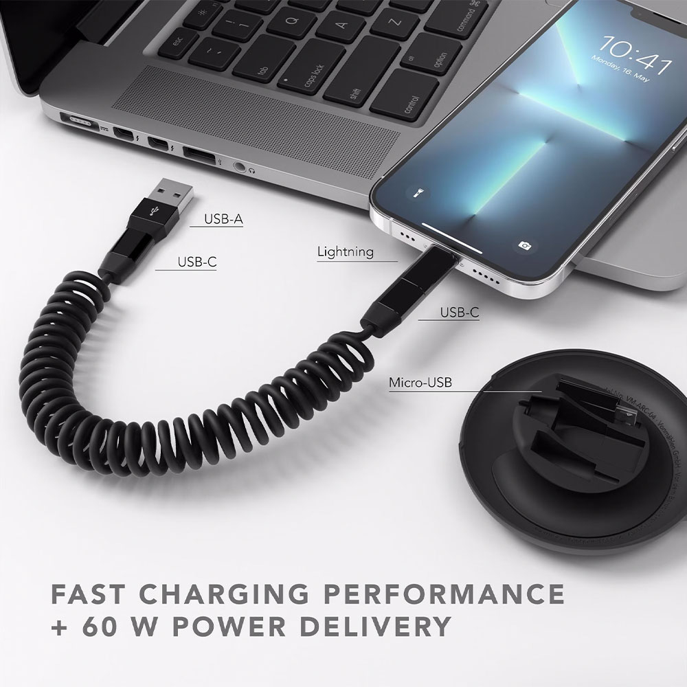 Allroundo® (90cm) 6in1 USB C / USB A Ladegerät Netzteil PD   USB C auf USB C / Lightning / Micro USB Spiralkabel Ladekabel (ALE00001) - Schwarz