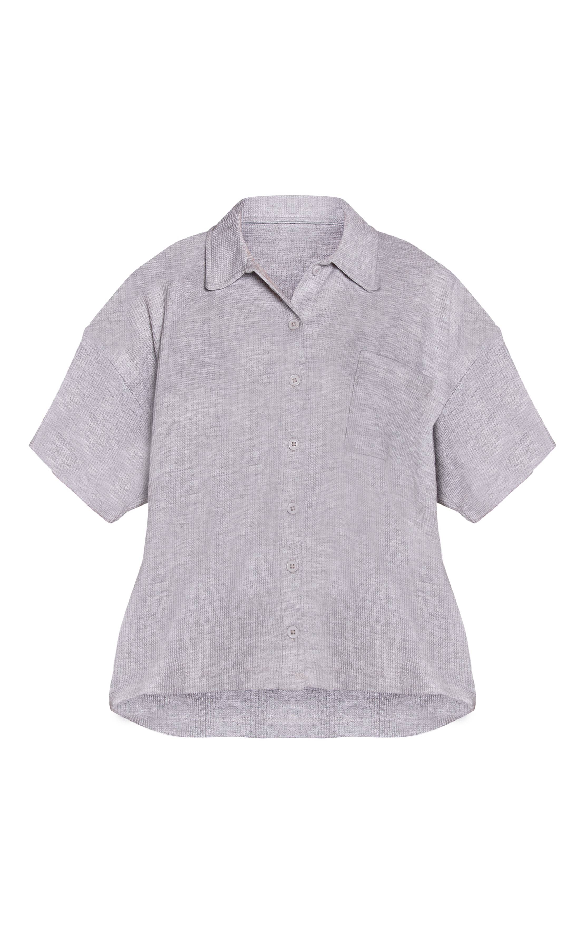 Gris Cendré Chemise De Pyjama Gaufrée À Manches Courtes Avec Boutonnage