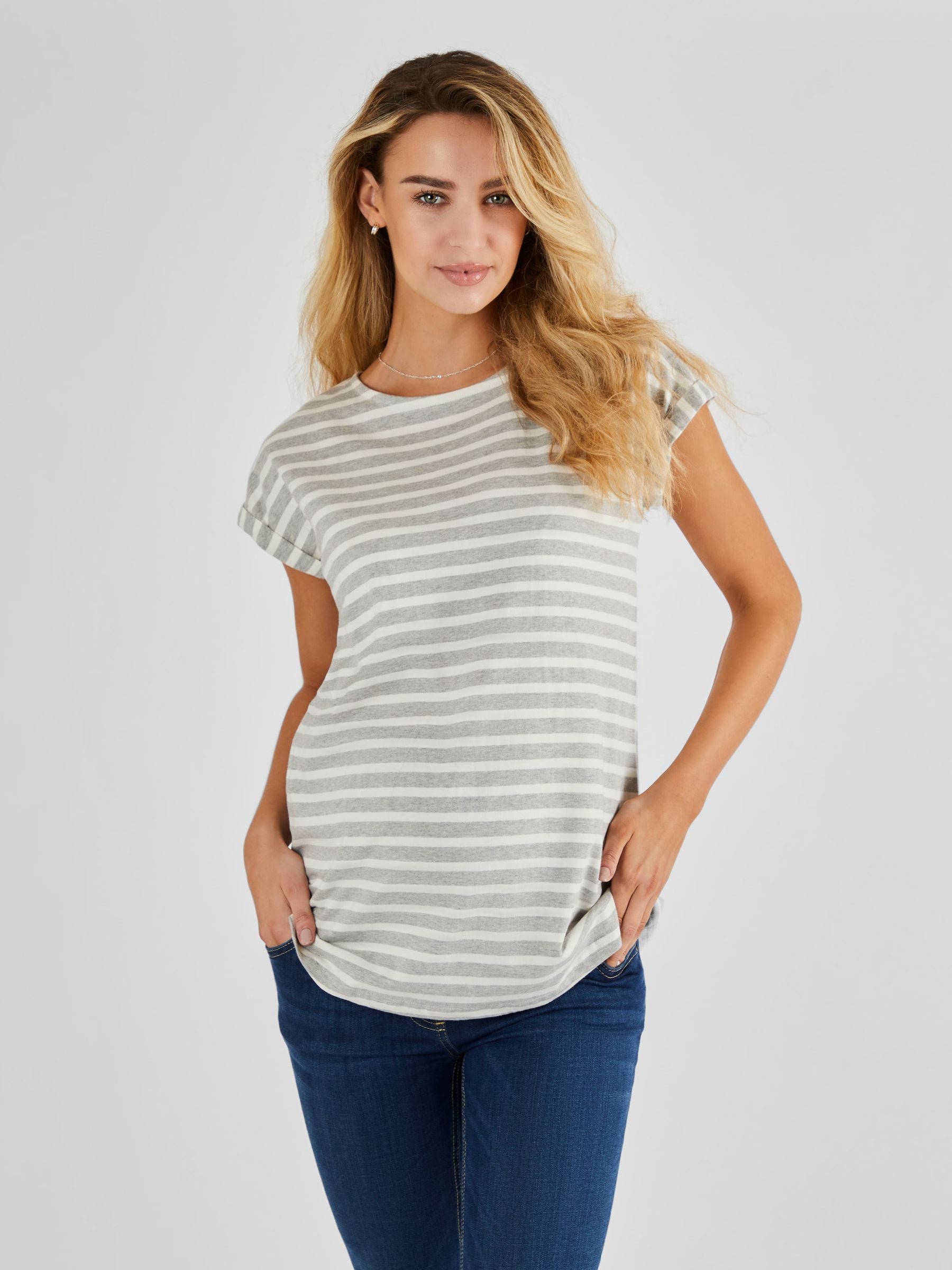 Gemêleerd grijs crèmekleurig gestreept - Jojo Maman Bébé - Katoenen boyfriend-T-shirt voor zwangerschap