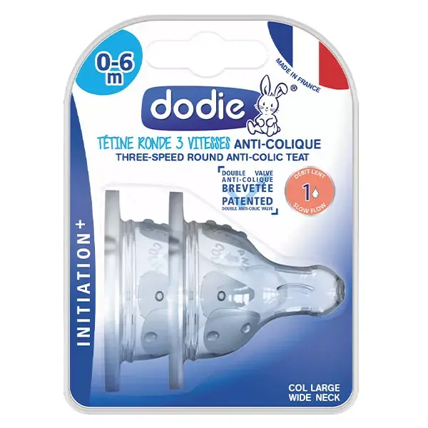 Mamadeira anticólica Dodie Initiation+, 3 velocidades, bico redondo, gargalo largo, fluxo 1 + 0 meses, 2 bicos.