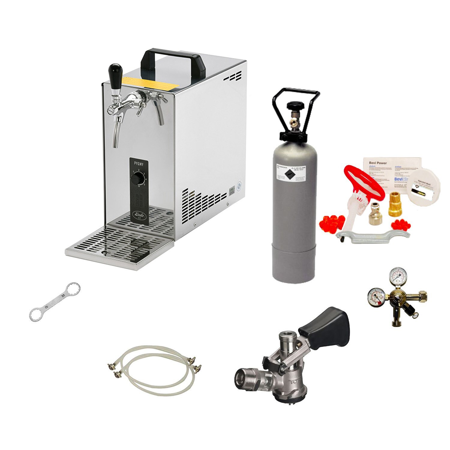 Komplett Set - Zapfanlage, Bierzapfanlage, Bierkoffer, Durchlaufkühler PYGMY 25 1-leitig Trockenkühler, 30 Liter/h, Reinigungsset für Zapfanlage und Keg, Zapfkopf:5 Liter Adapter
