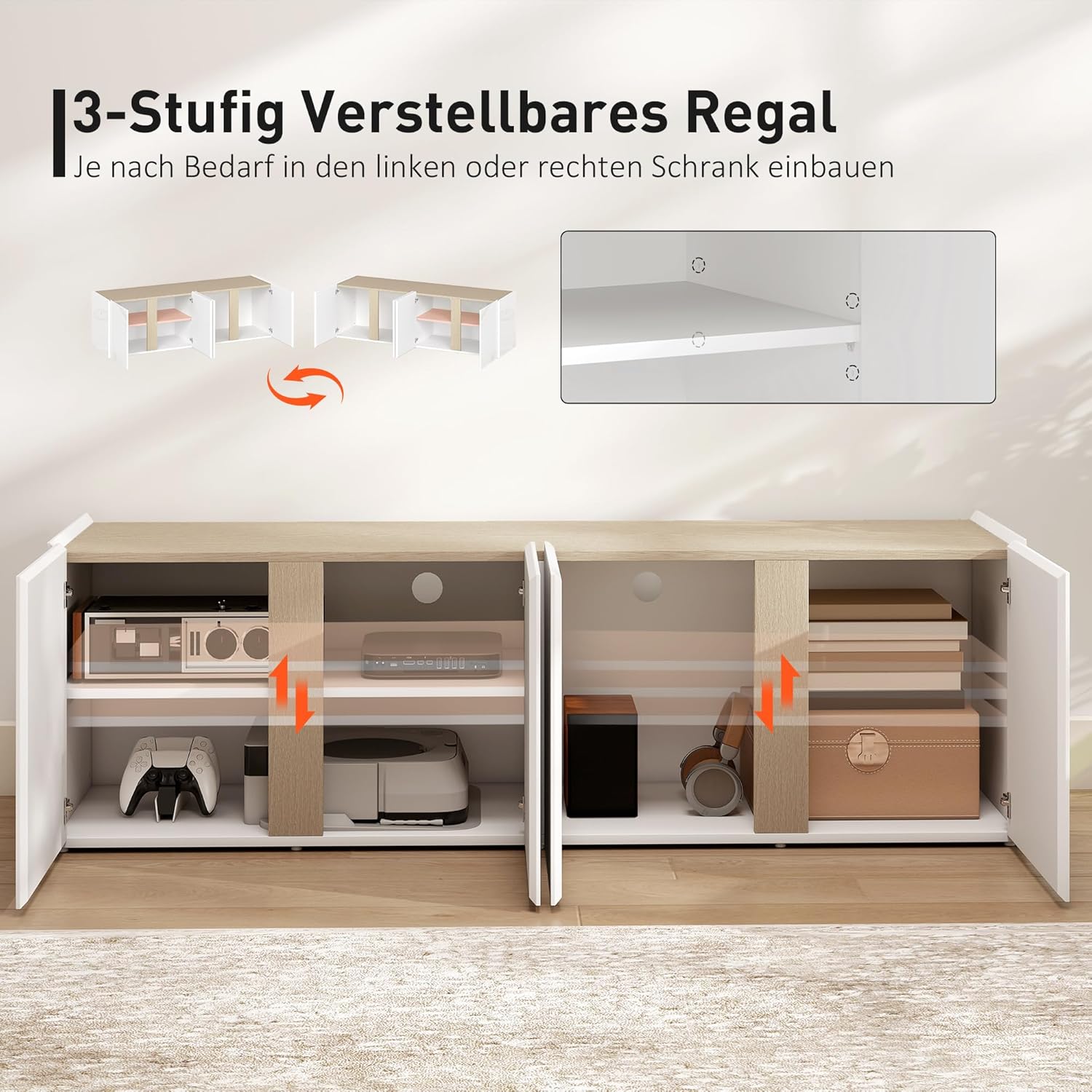 HOMCOM TV Schrank Lowboard für Fernseher bis zu 65 Zoll, 135 cm lang Hochglanz Fernsehtisch mit Verstellbaren Ablagen, Kabelmanagement, 4 Soft-Close-Türen für Wohnzimmer Weiß