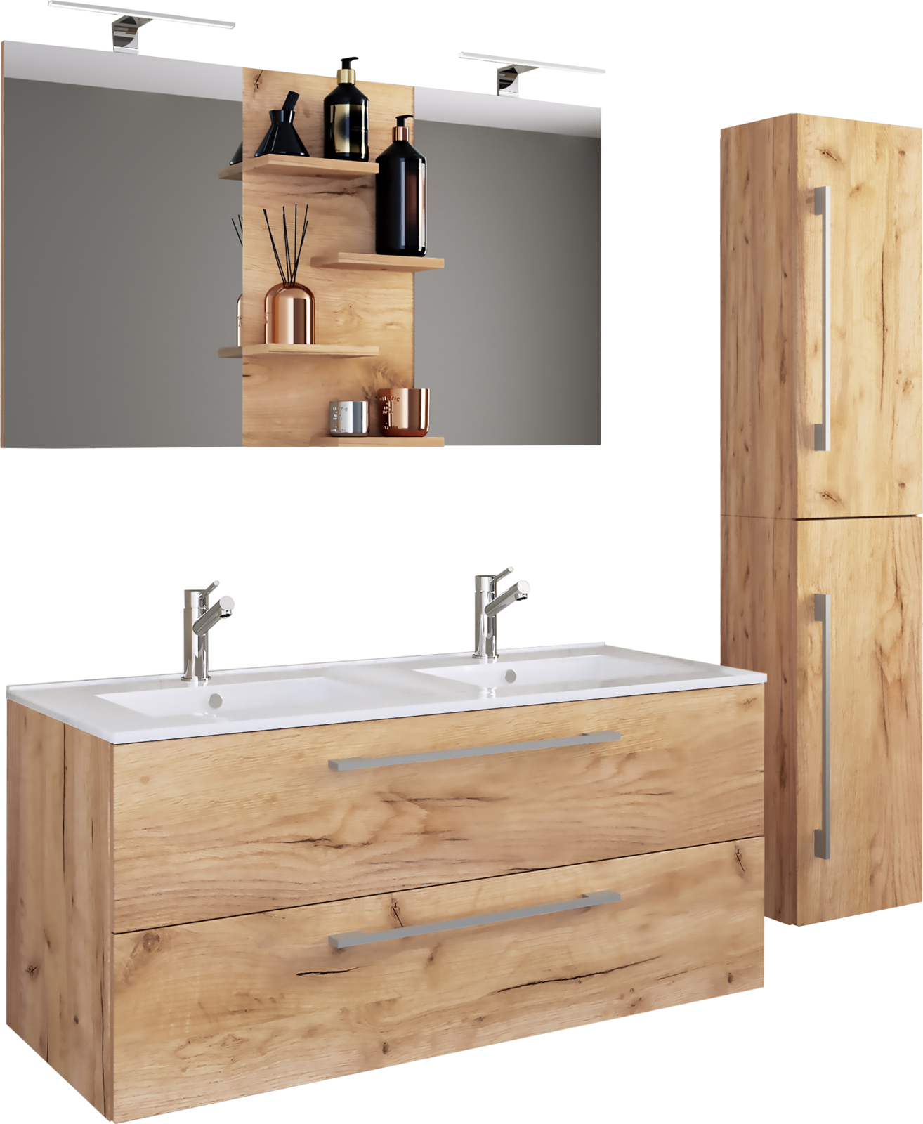 4-teiliges Badmöbel-Set BUDASI - Honig-Eiche - Spiegel - 145 cm breit