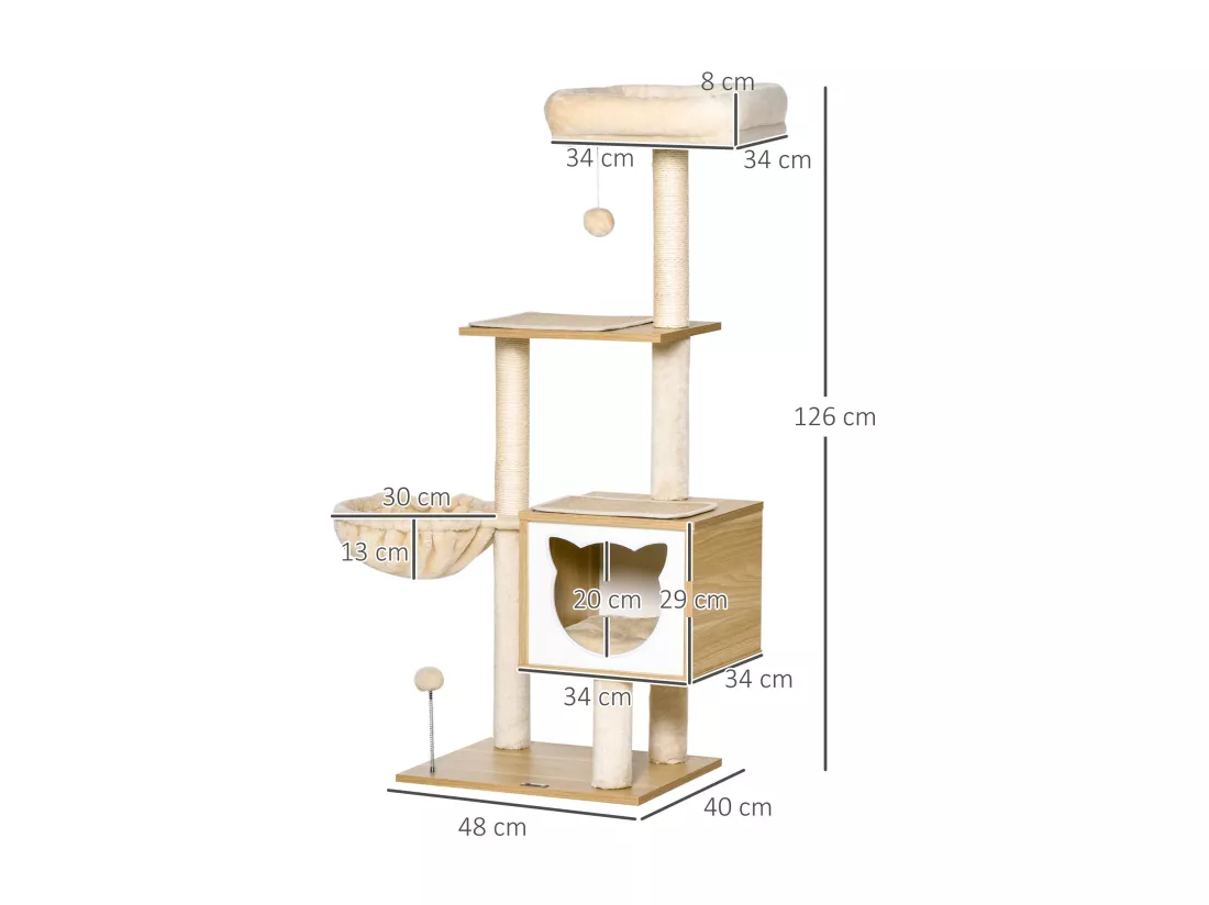 Arbre à chat multi-équipement griffoirs grattoirs niche hamac panier coussins amovibles H126 cm peluche courte sisal naturel beige