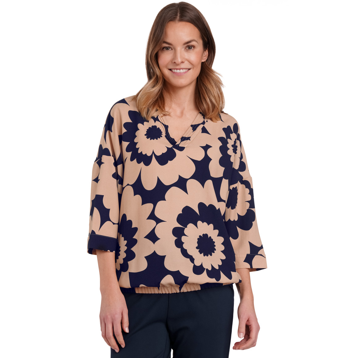 Gina Benotti Damen Bluse mit elastischem Saum beige / dunkelblau
