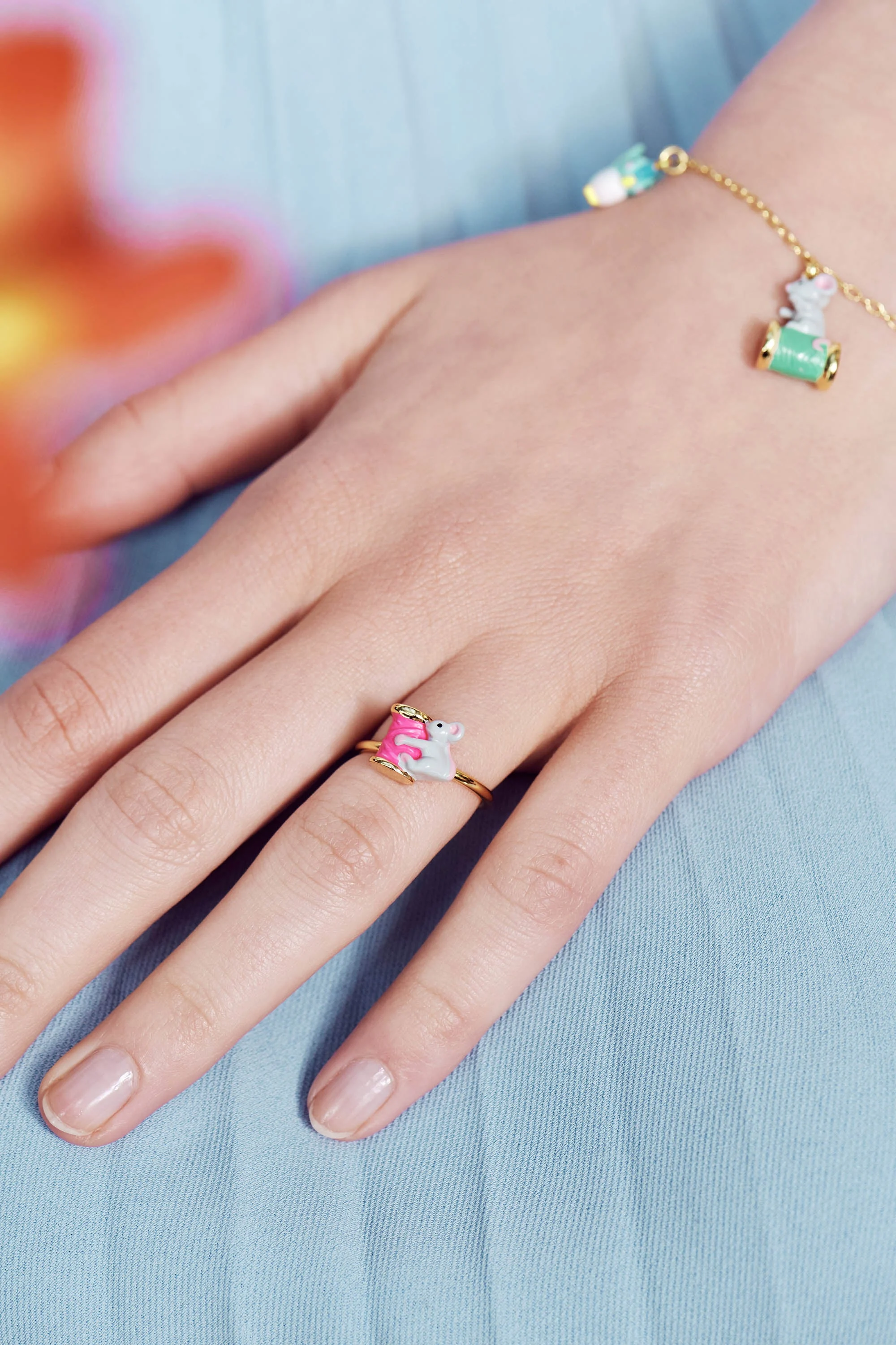 Bague ajustable souris et bobine de fil | Multicolore