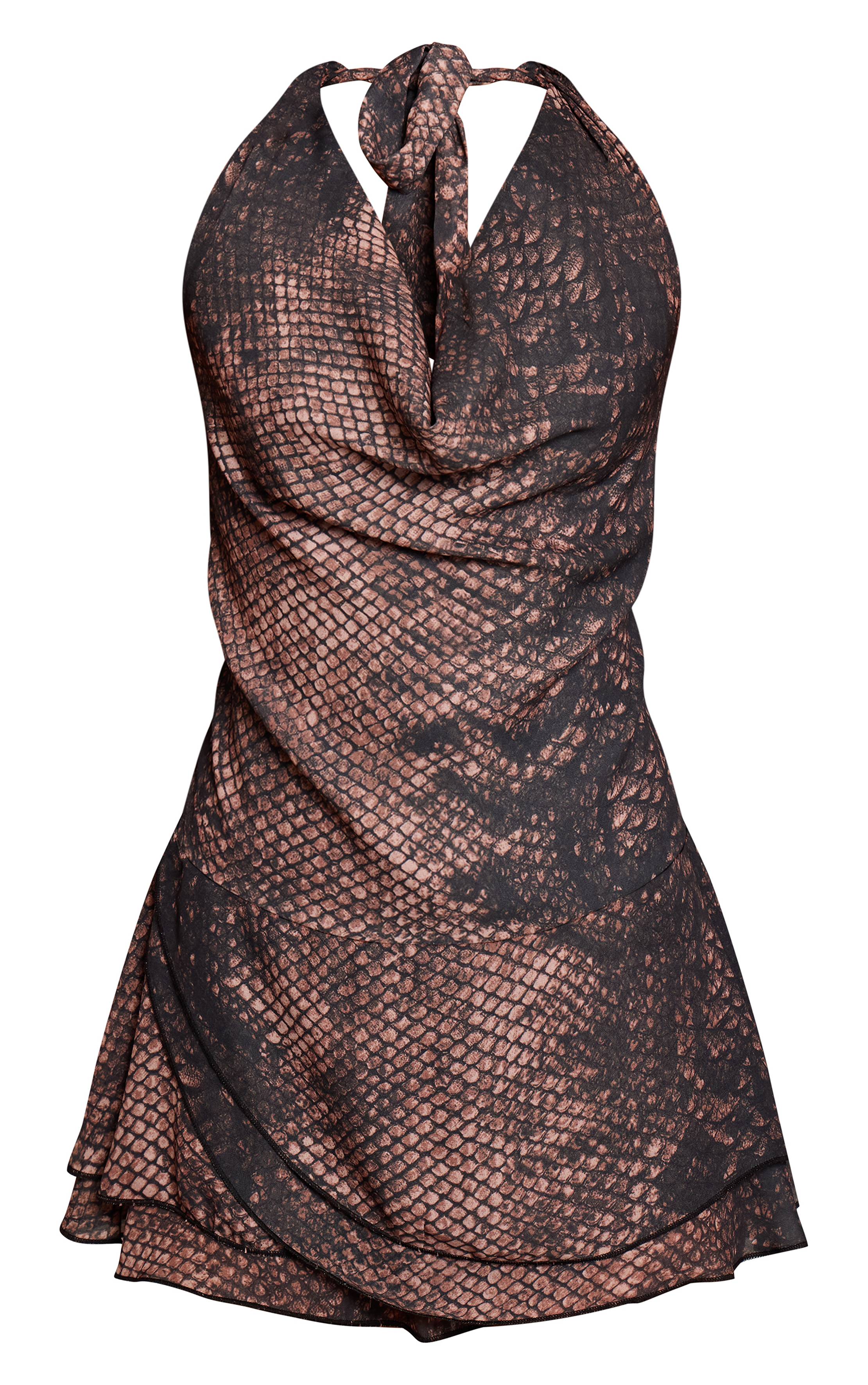 Gris Robe Courte Froncée À Col Drapé En Mousseline Imprimé Synthétique