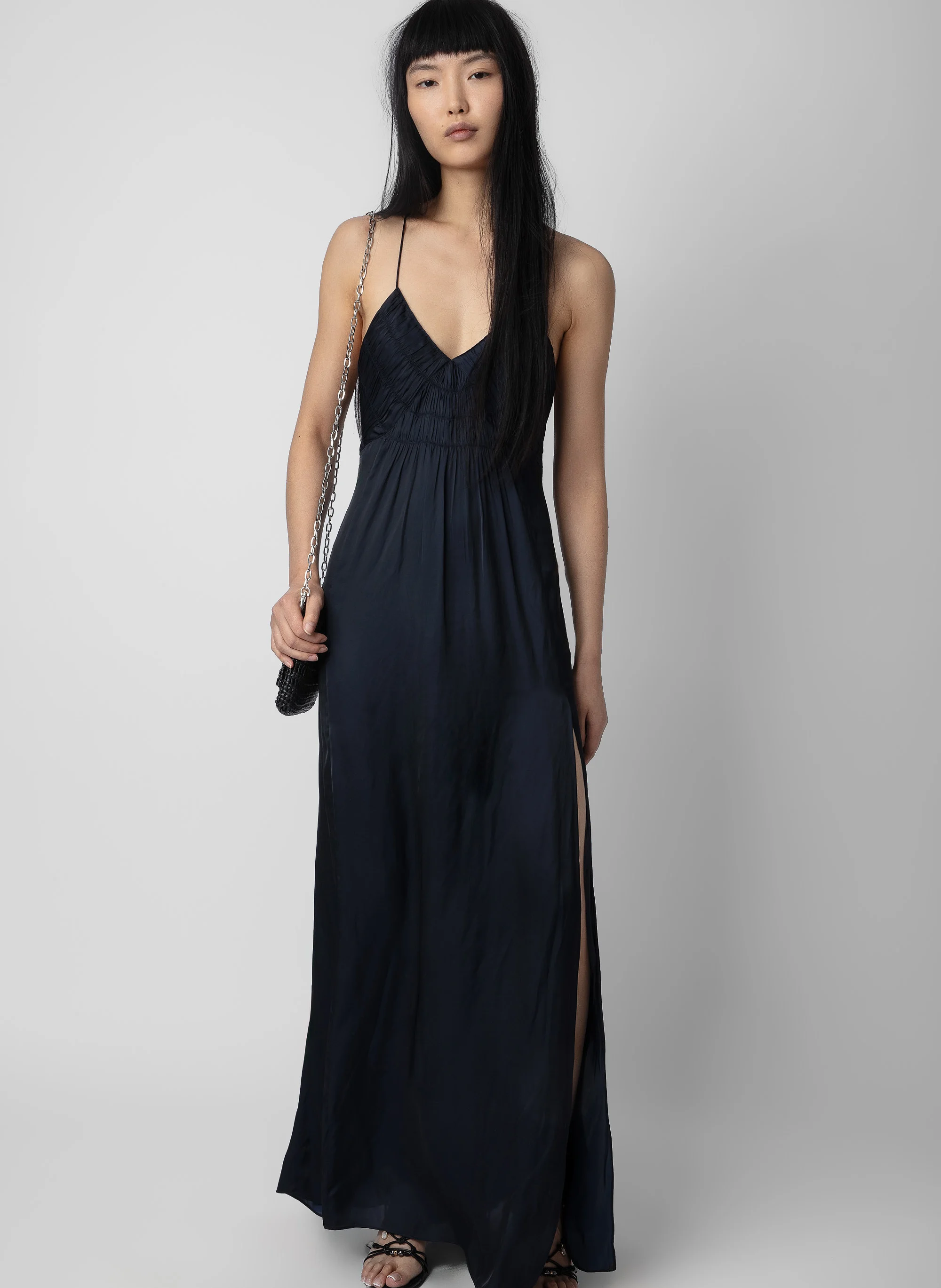 RAYONNE - Robe longue col V à bretelles | Bleu