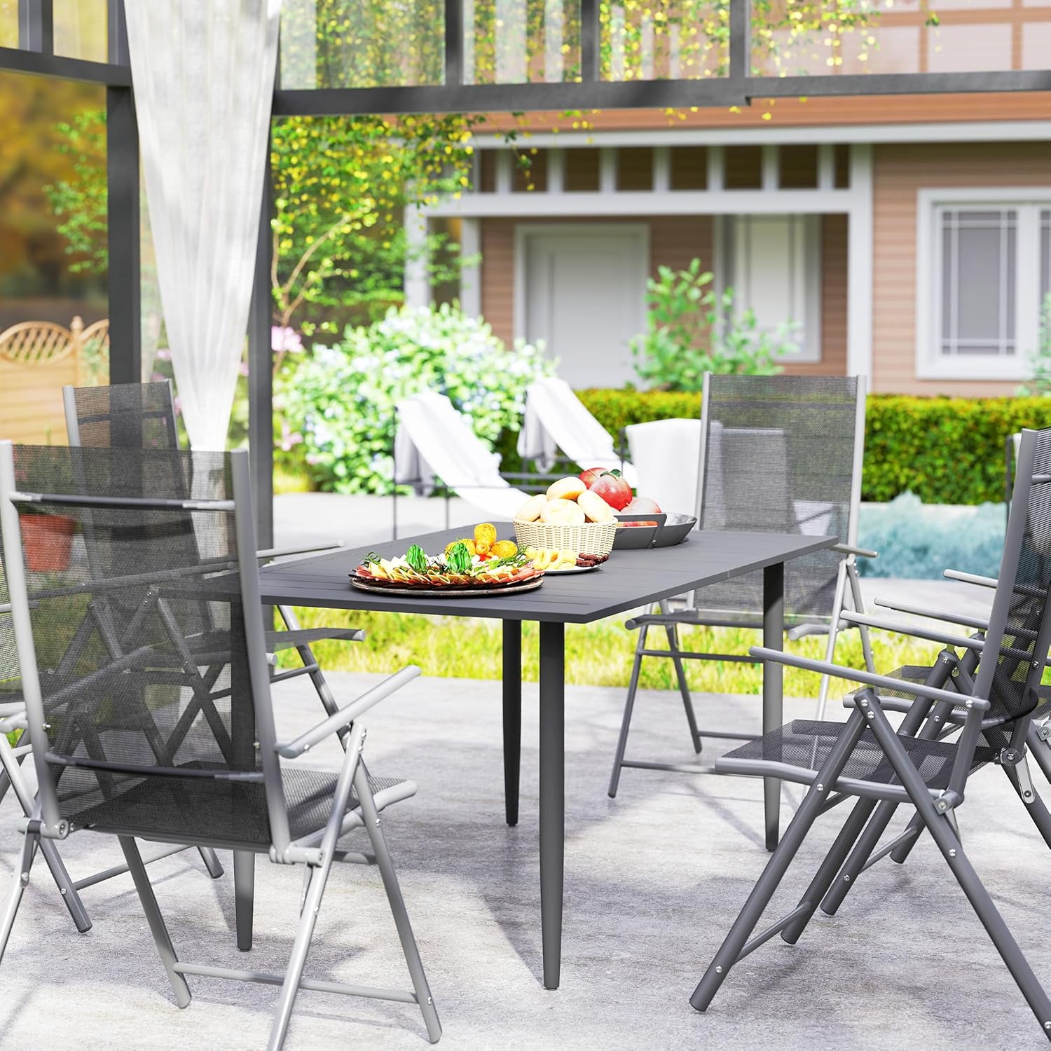 Outsunny Gartentisch 150x90cm, Wetterfest Balkontisch aus Stahl, Balkontisch mit Schirmloch Lamellendesign Outdoor Campingtisch Beistelltisch, rechteckig Terrassentisch für Garten Balkon Schwarz