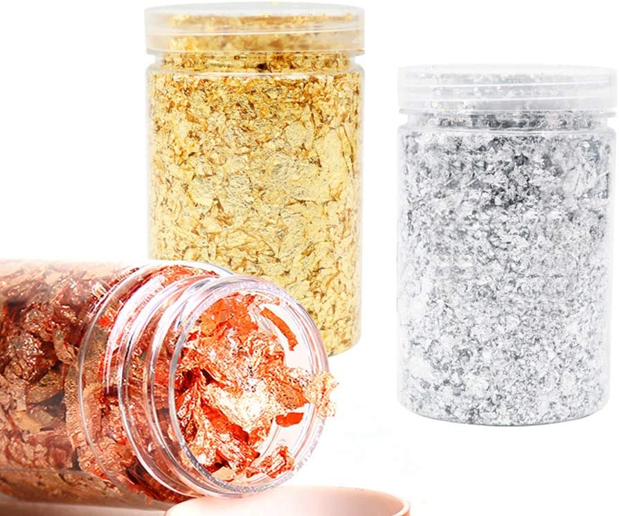(3er Set) Nail Art Gel Nägel UV Glitzer Flocken Foil Flakes für die Maniküre - Gold / Silber / Roségold