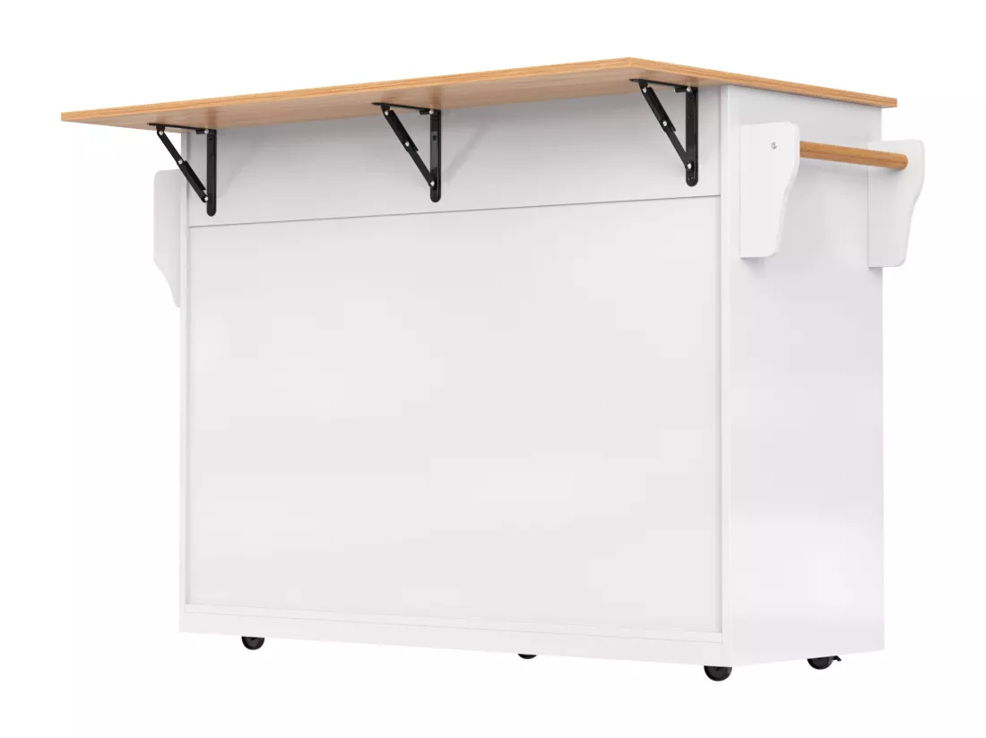 Ilot central de cuisine - 2 tiroirs et 4 compartiments - pieds en roulettes ou en bois - Blanc