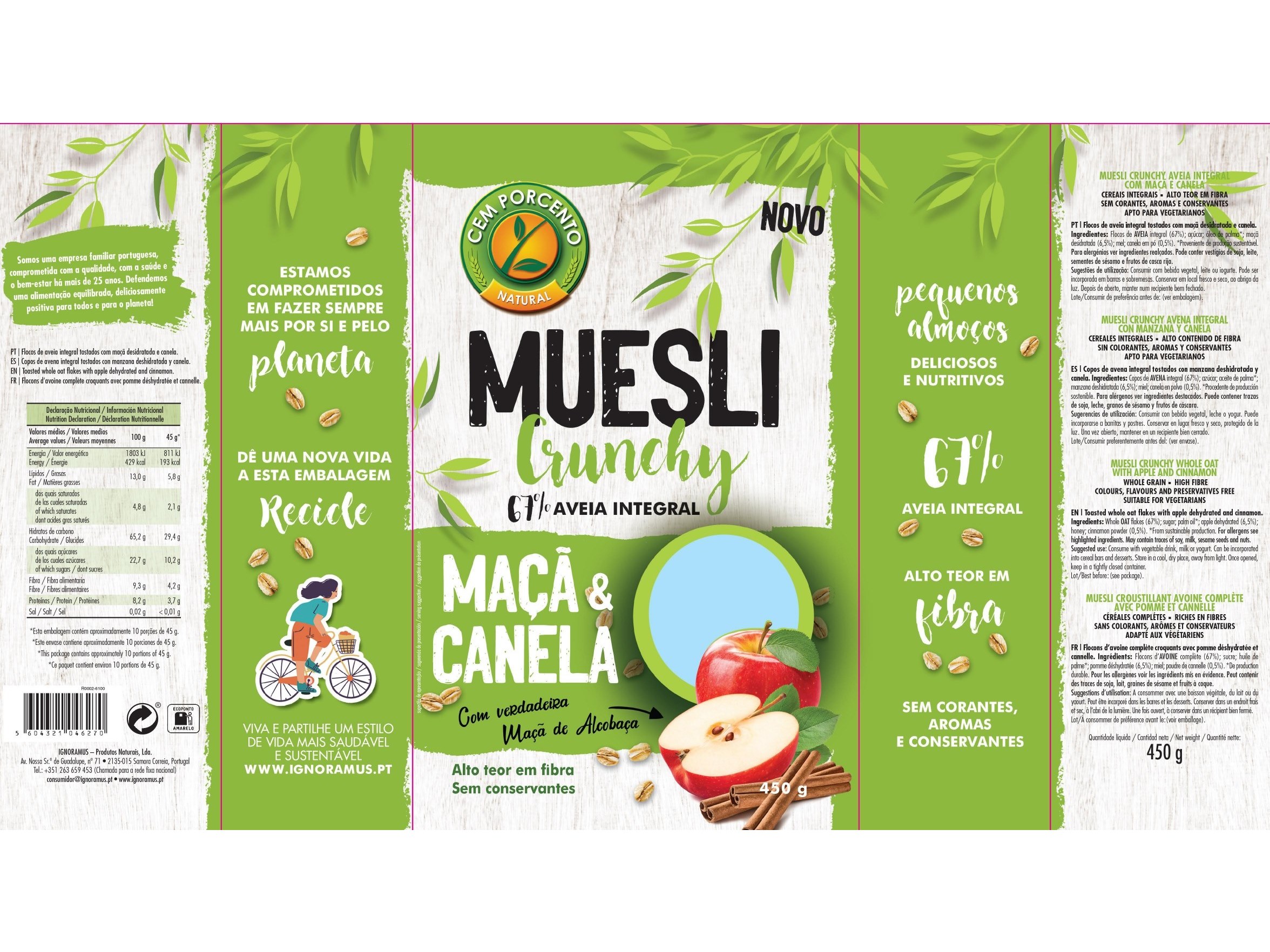 MUESLI CEM PORCENTO CRUNCHY MAÇÃ CANELA 450 G