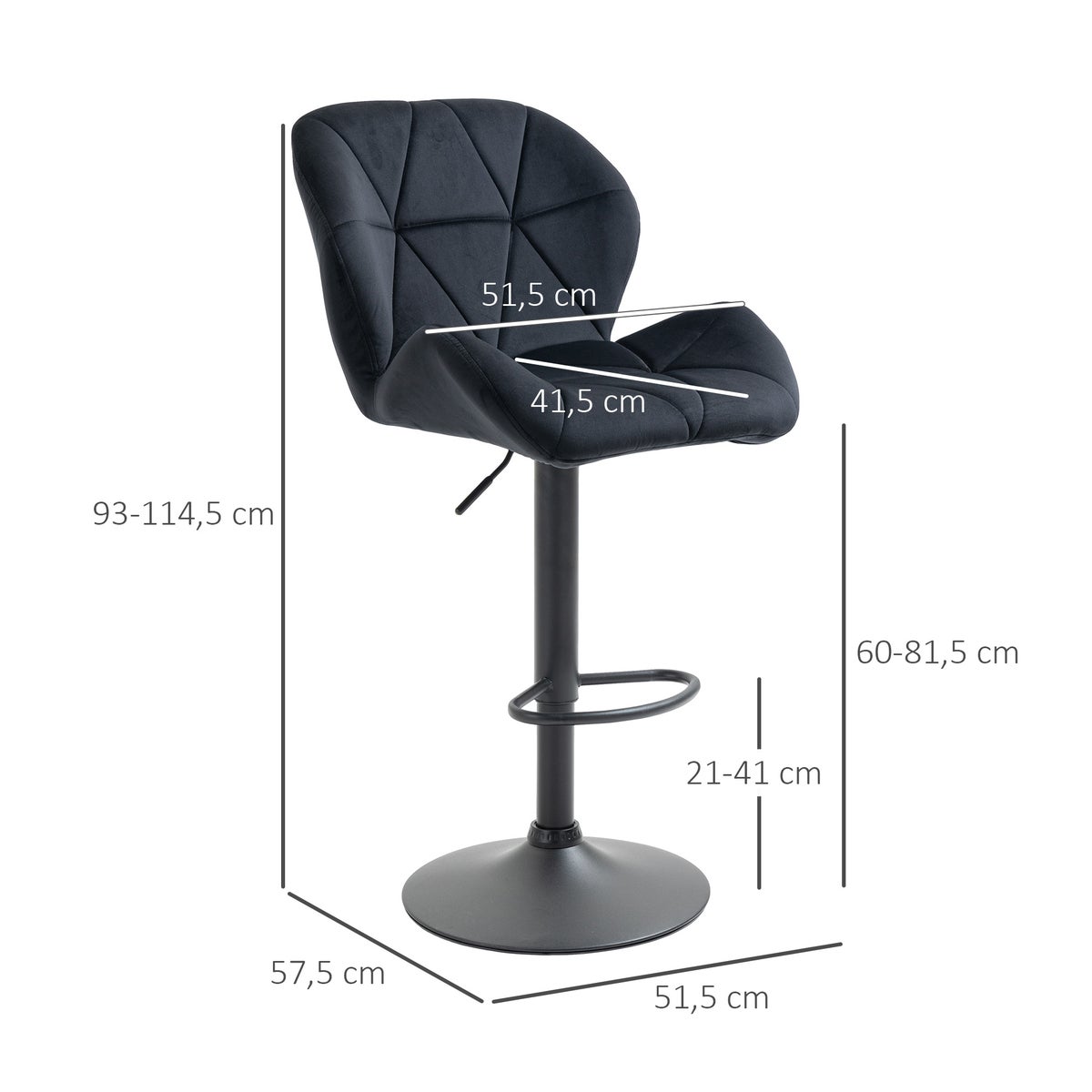 HOMCOM Set van 2 barkrukken, draaibare barkrukken met rugleuning, in hoogte verstelbare bistrokrukken, barkrukken, fluwelen touch, armloos schuim, zwart, 51,5 x 57,5 x 93-114,5 cm