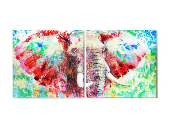 Diptyque tableaux peinture éléphant 80 x 80 cm coloré - SAUVAGE
