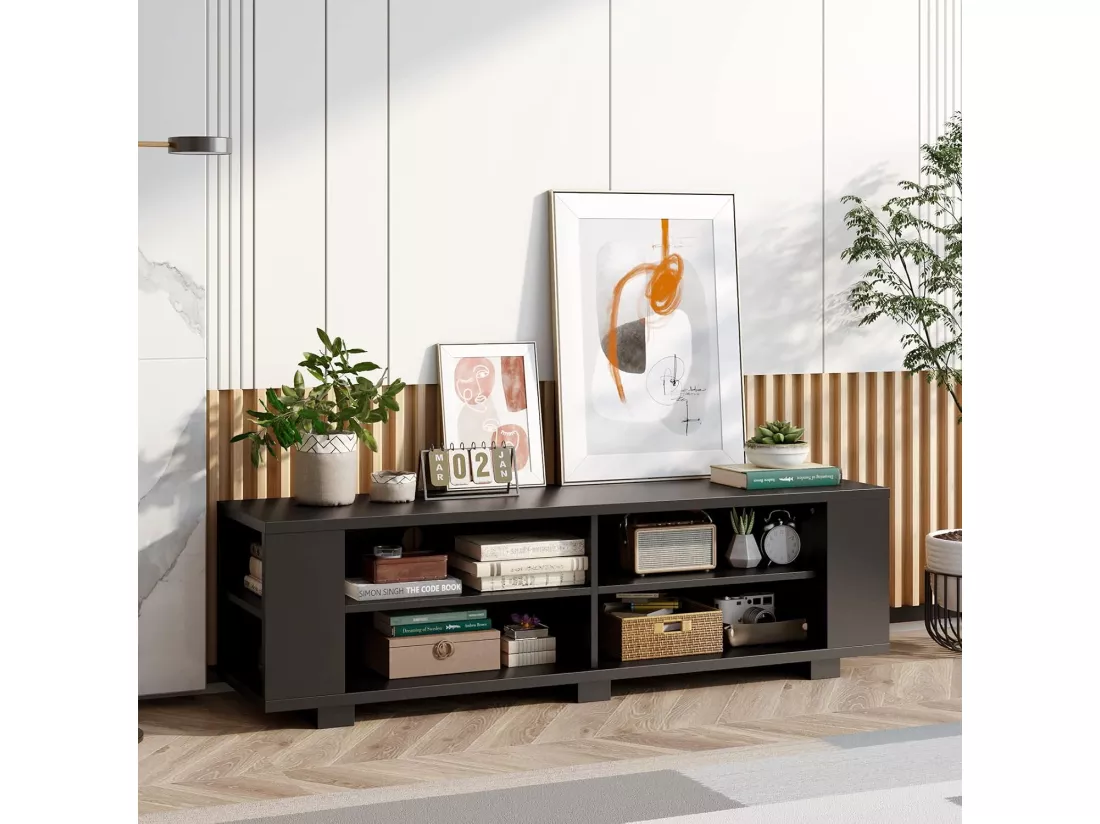 Meuble TV avec 6 Compartiments, Banc TV pour TV Jusqu'à 65 Pouces, 4 Trous de Gestion des Câbles, Étagères Réglables, pour Salon, Chambre, 150 x 39 x 45 cm (Noir)
