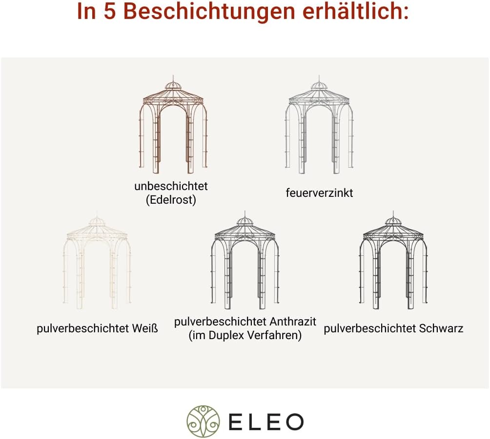 ELEO Pavillon Siena rostoptik - rund 2x2m Rankpavillon für den Garten handgeschmiedet Schmiedeeisen romantisch - Rosenpavillon Metall stabil rost Edelrost - für draußen Winterfest